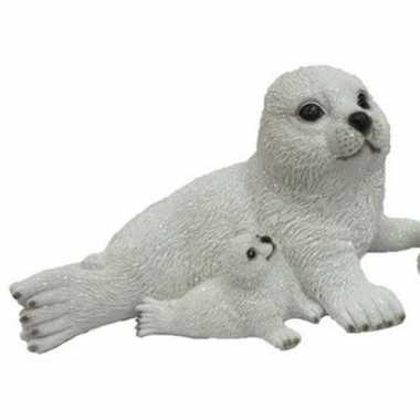 Dierenbeeld zeehond met jong naast moeder 27 cm
