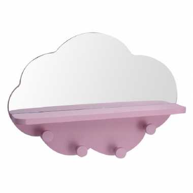 Roze kapstok met spiegel wolk vorm 39 cm kinderkamer accessoires